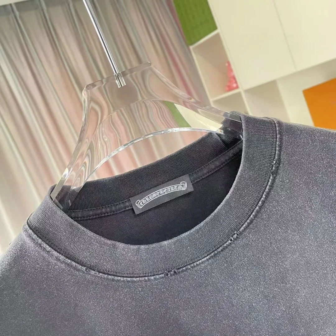 🅿️200 ch Crocodile* 2025 spring and summer new style, washed, worn, Sanskrit cross print, short-sleeved T-shirt, customized fabric 320g, same style for men and women, size: S M L XL XXL five codes, color: black gray